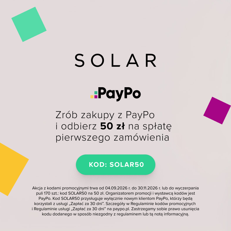 Baner Solar i PayPo informujący o 50 zł na spłatę pierwszego zamówienia z kodem SOLAR50.