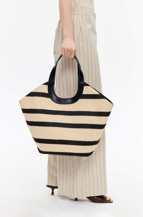 Beżowa torba typu shopper w czarne pasy Solar Obraz 2