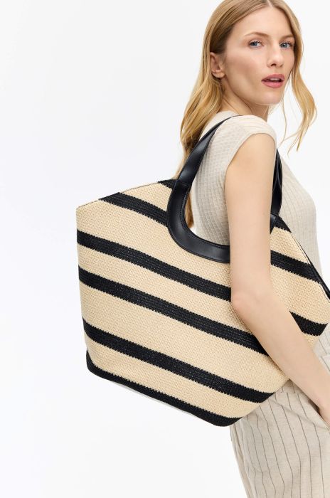 Beżowa torba typu shopper w czarne pasy Solar Obraz 1