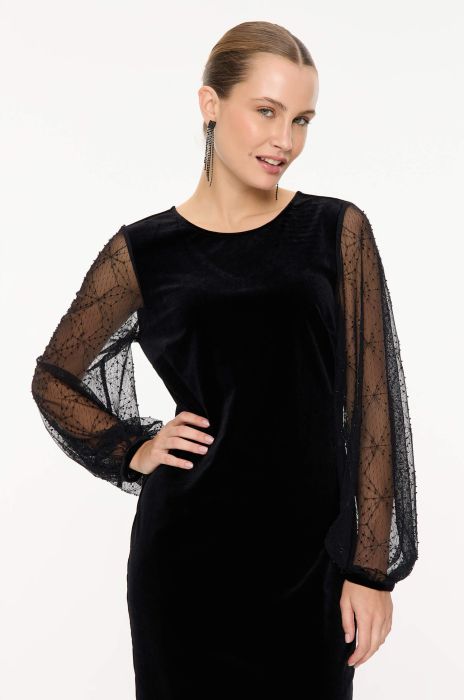 Welurowa sukienka z bufiastymi rękawami Solar Obraz 2