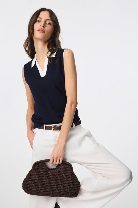 Dzianinowy top z kontrastującym dekoltem Solar Obraz 1