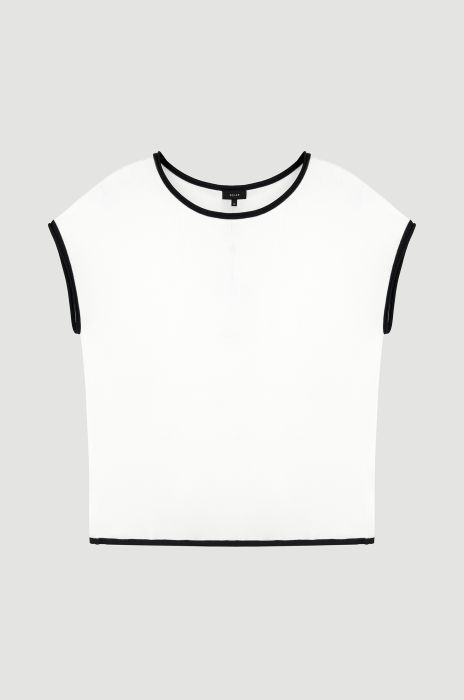 Dzianinowa bluzka ecru z kontrastowym wykończeniem Solar Obraz 4