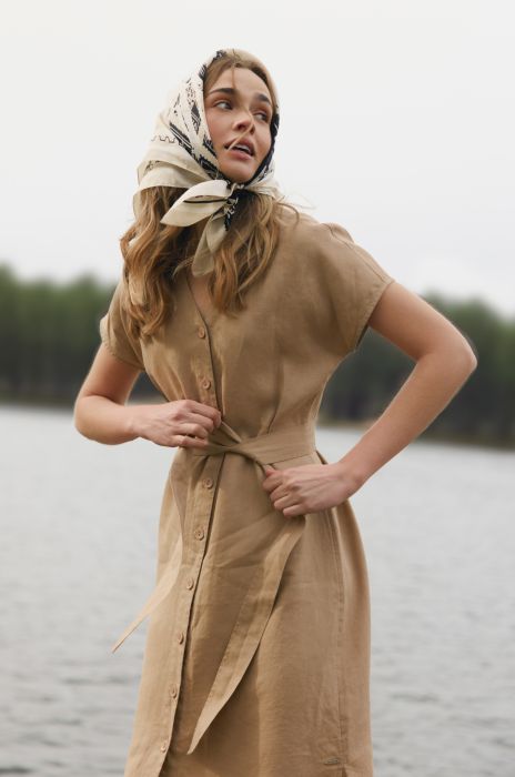 Lniana sukienka midi z paskiem Solar Obraz 1