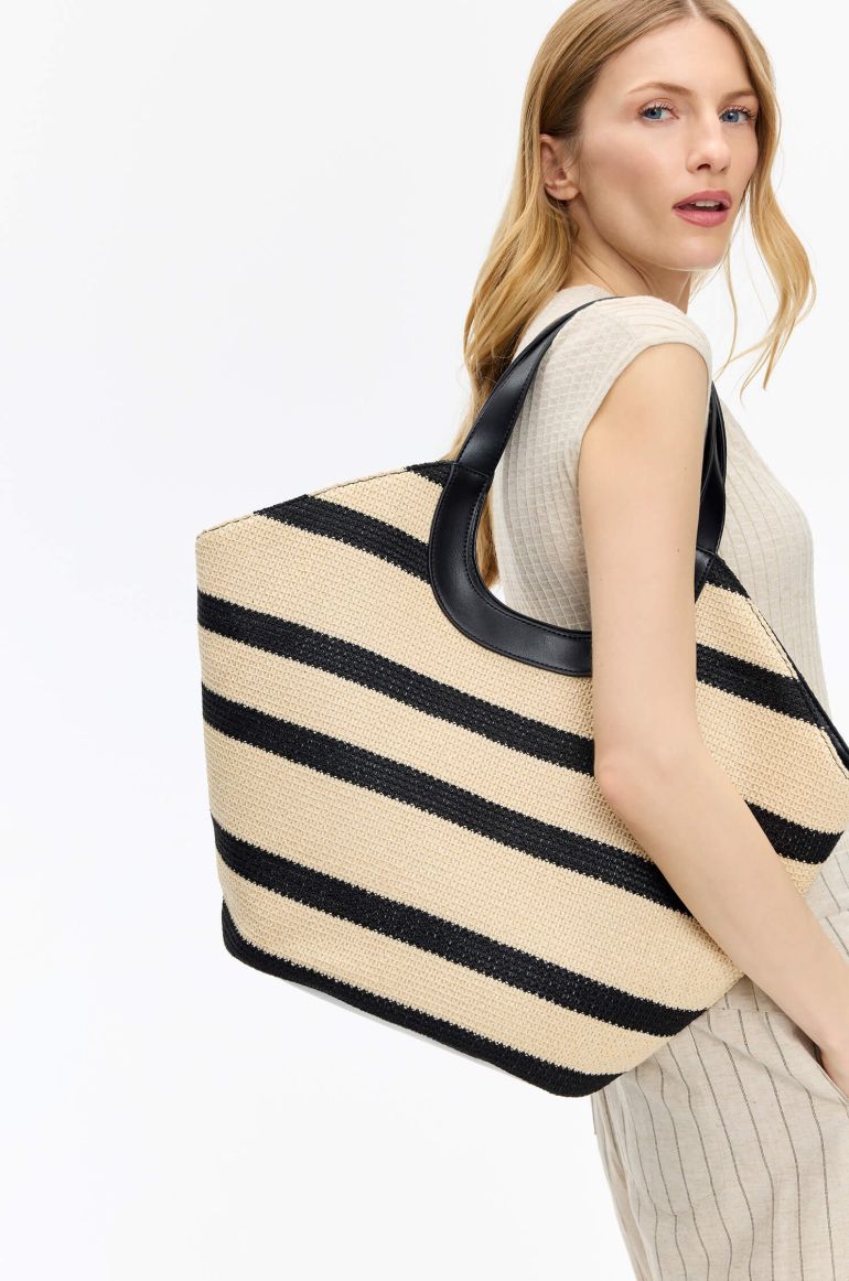 Beżowa torba typu shopper w czarne pasy