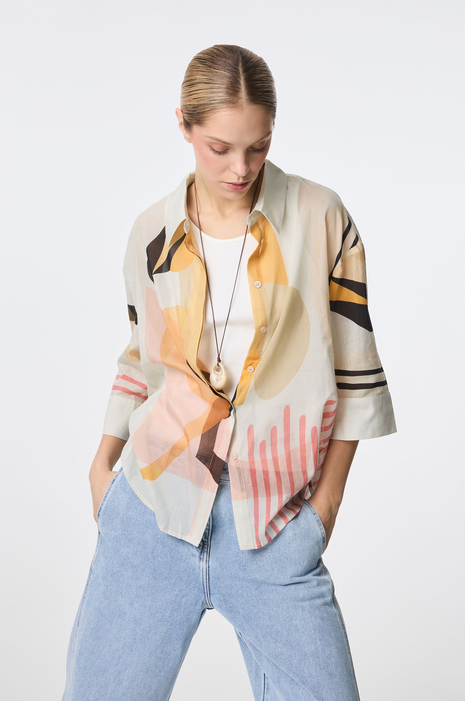 Koszula z bawełny i jedwabiu z printem Solar Obraz 3