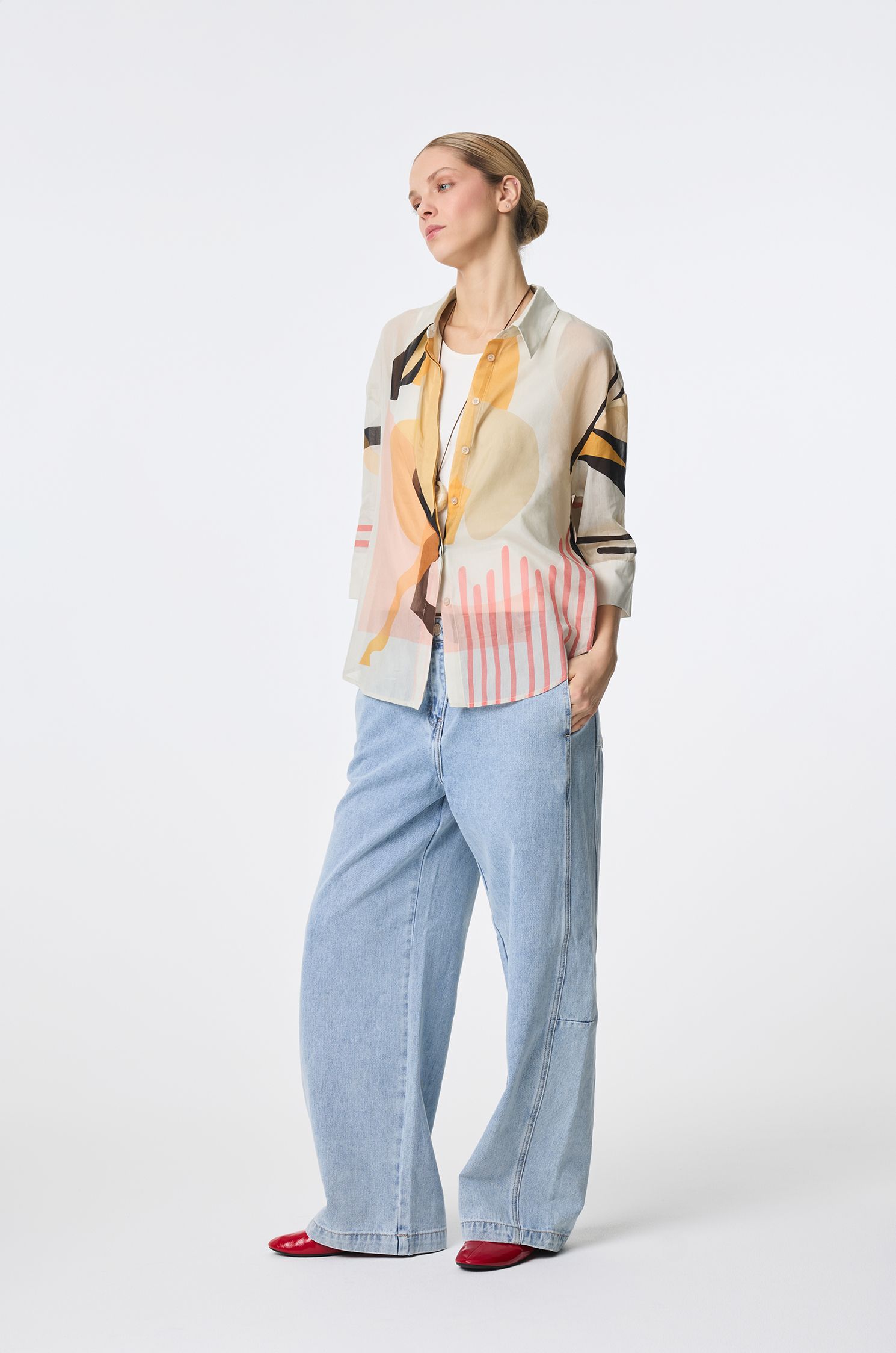 Koszula z bawełny i jedwabiu z printem Solar Obraz 1