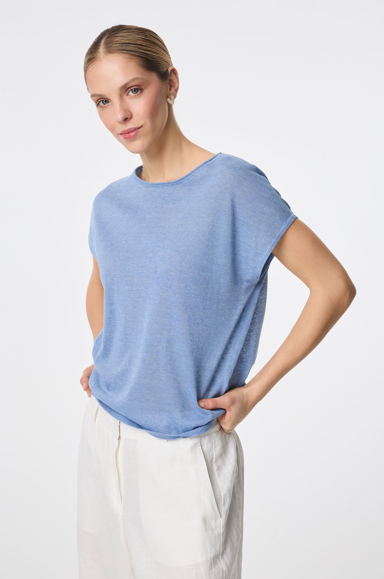 Niebieska bluzka z lnem Solar Obraz 2