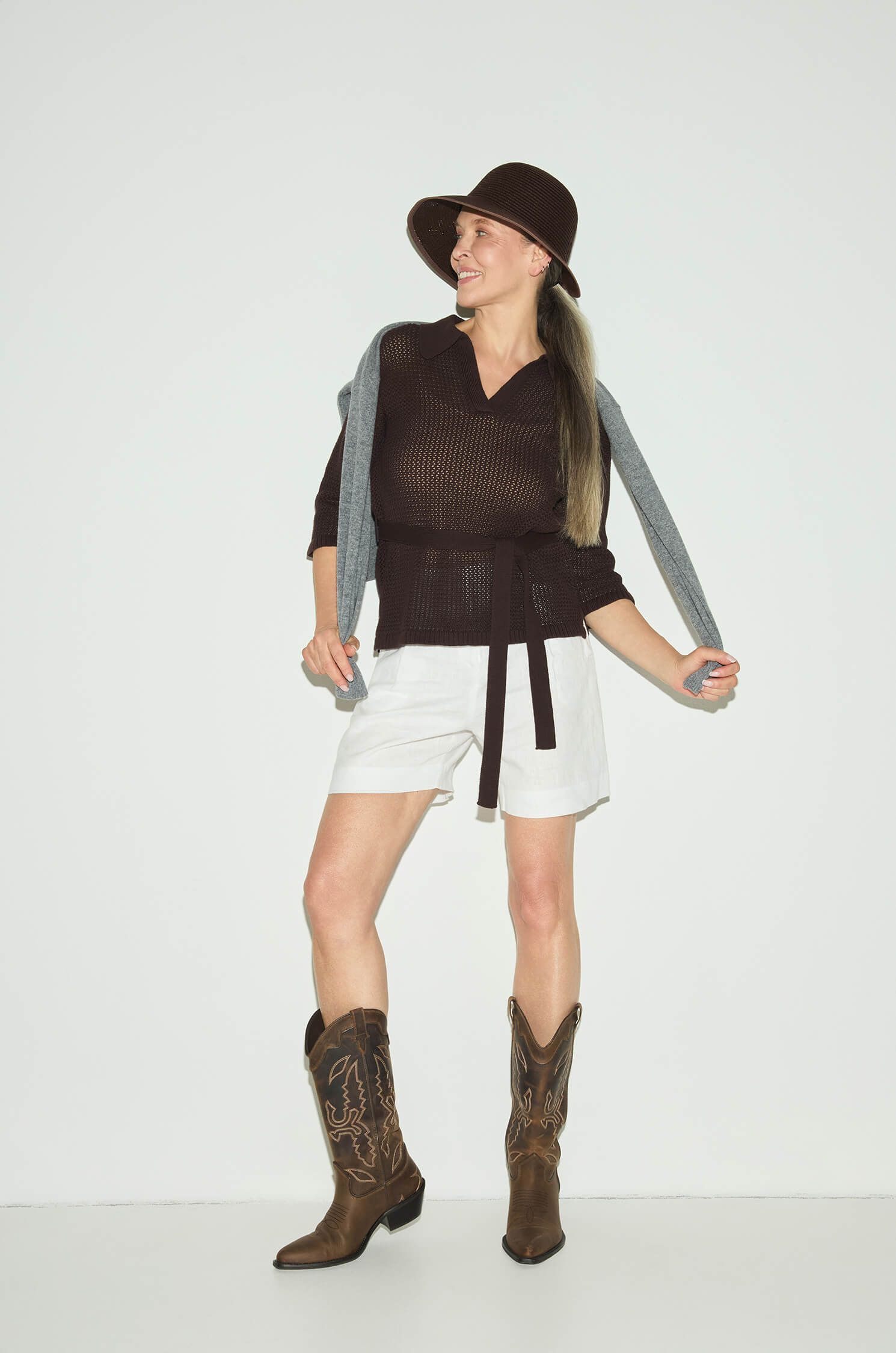 Bawełniany sweter ażurowy z paskiem Solar Obraz 2