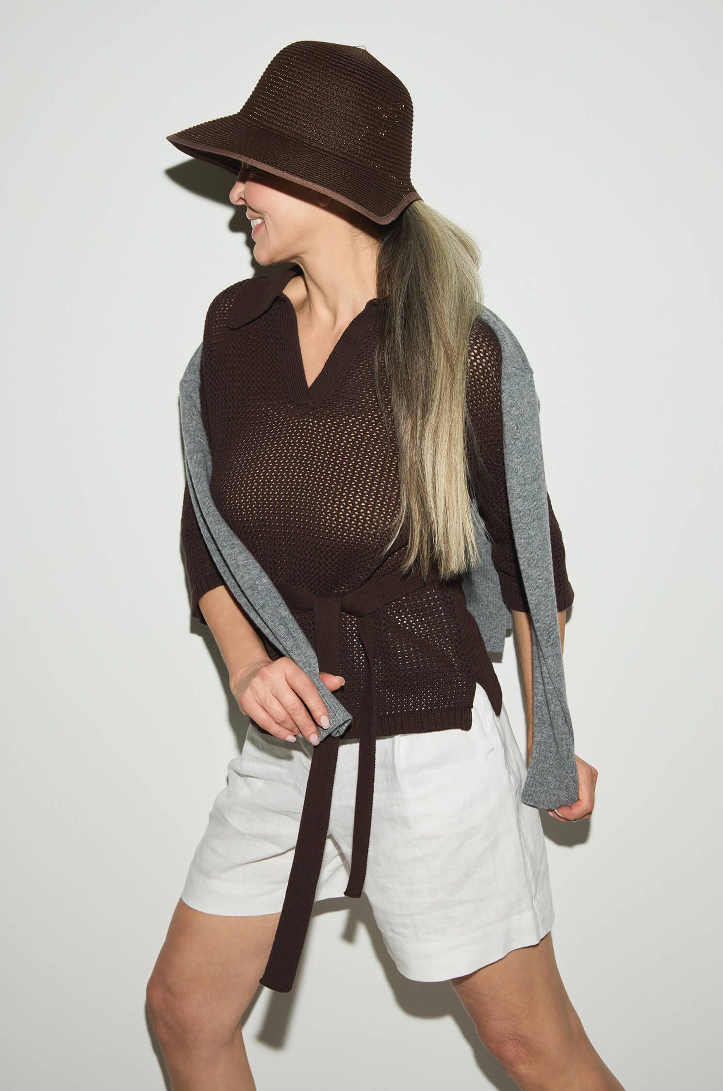 Bawełniany sweter ażurowy z paskiem Solar Obraz 3