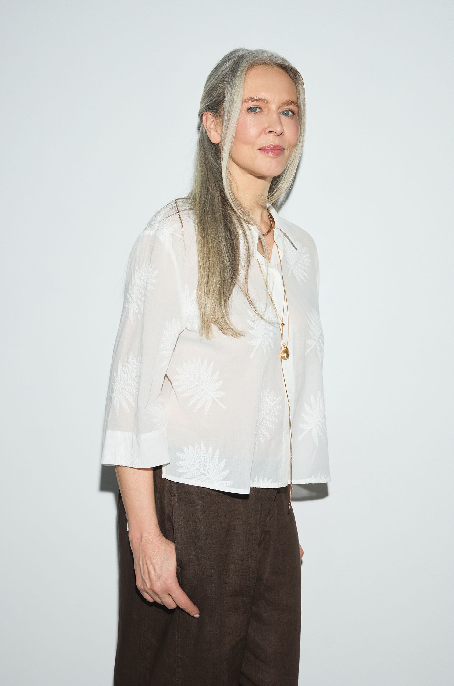 Bawełniana koszula ecru z haftem Solar Obraz 2