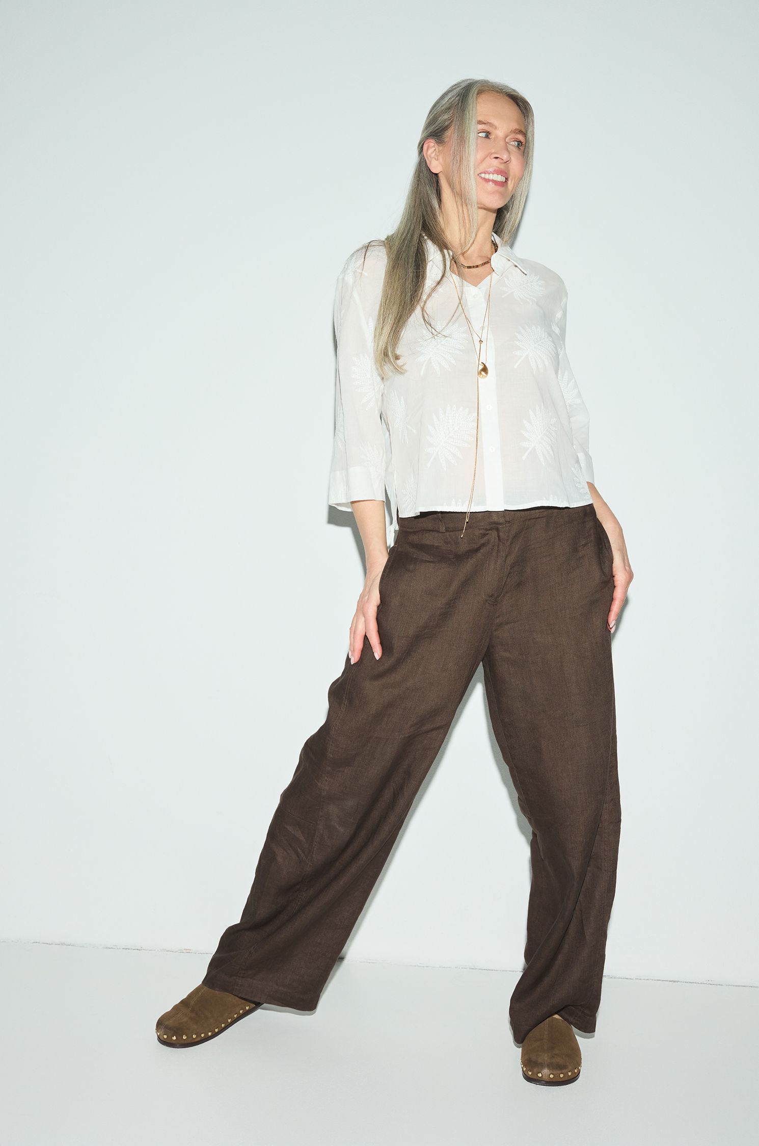 Bawełniana koszula ecru z haftem Solar Obraz 3