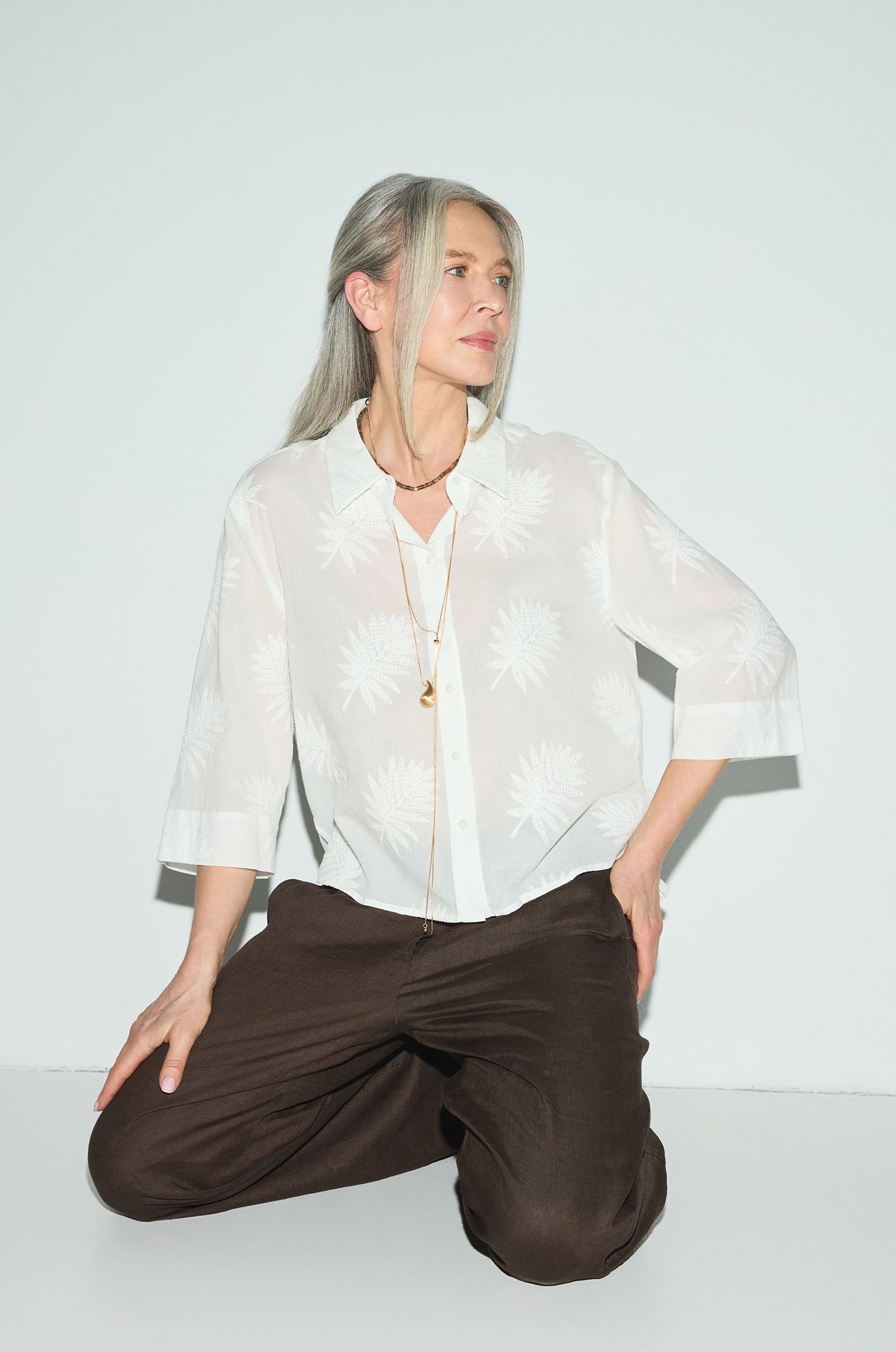 Bawełniana koszula ecru z haftem Solar Obraz 1