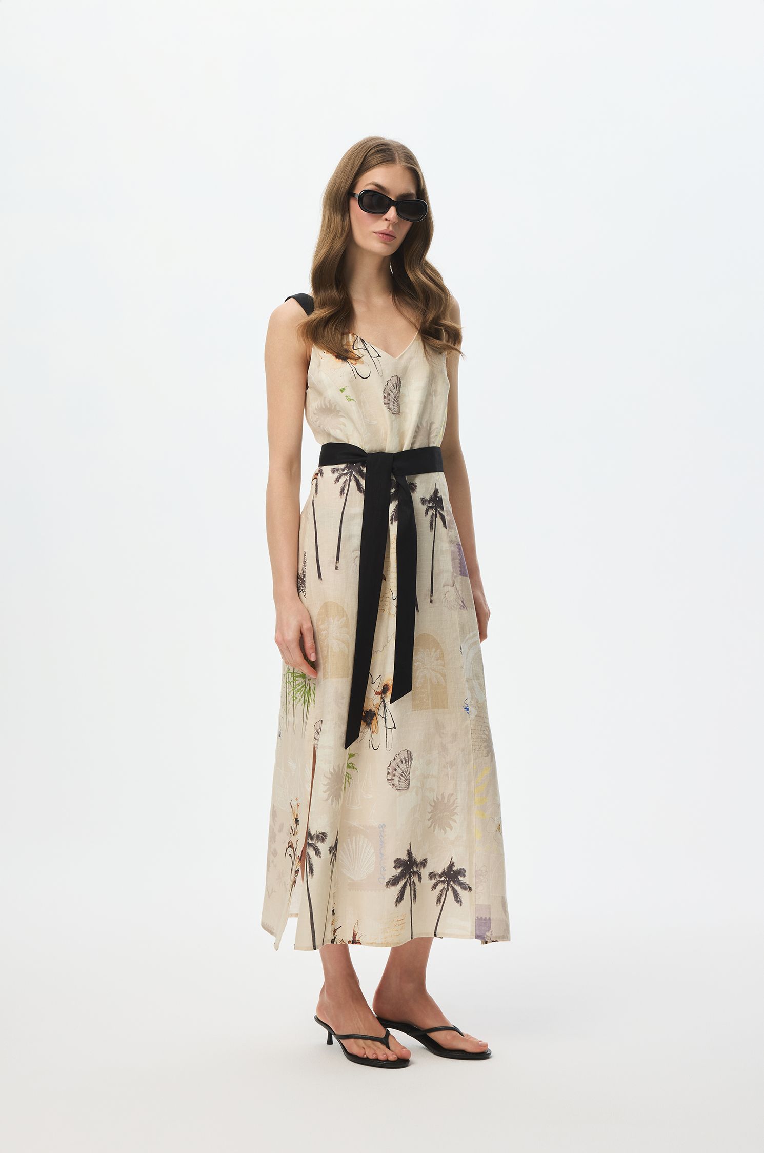 Lniana sukienka midi z paskiem Solar Obraz 1