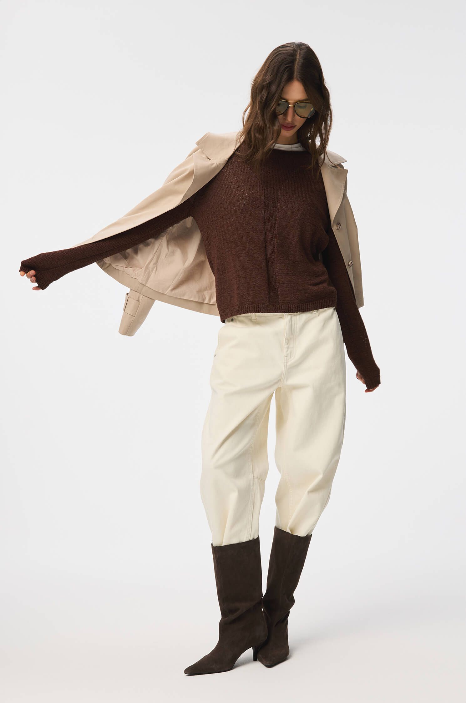 Brązowy sweter z ozdobnym ściegiem Solar Obraz 2