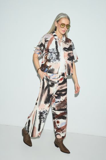 Spodnie z lnu i wiskozy z autorskim printem