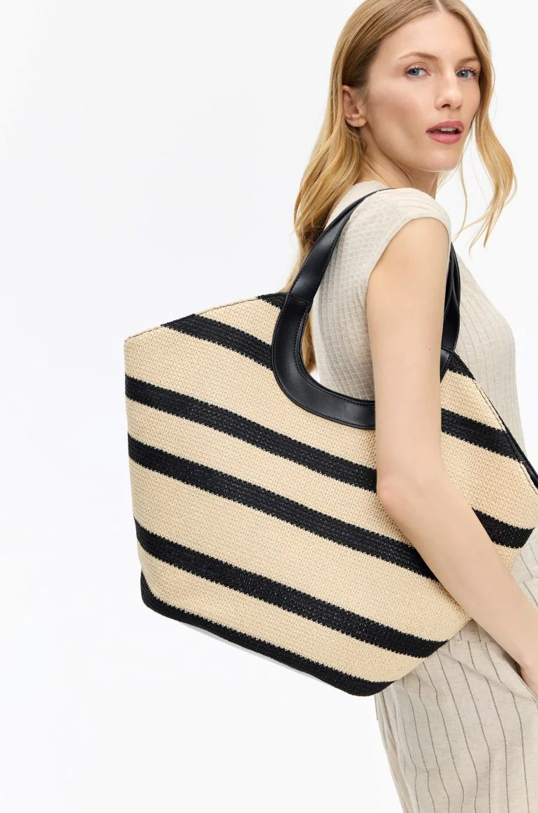 Beżowa torba typu shopper w czarne pasy